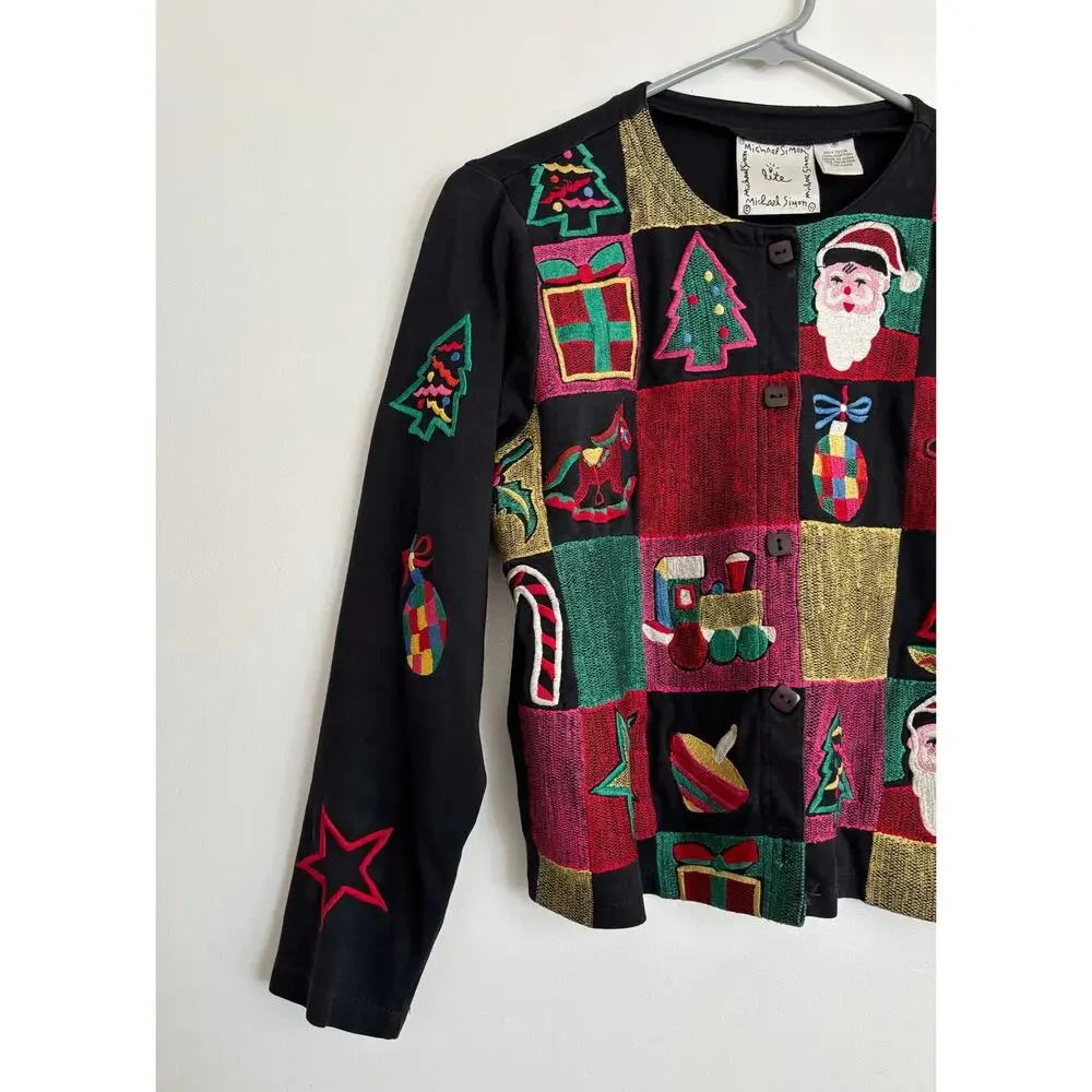 Black Red Vintage Michael Simon Christmas Patchwork Cardigan S
